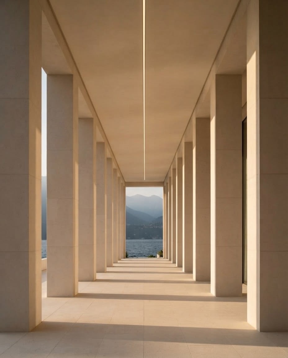 Stone colonnade opening onto a lake, architectural detail